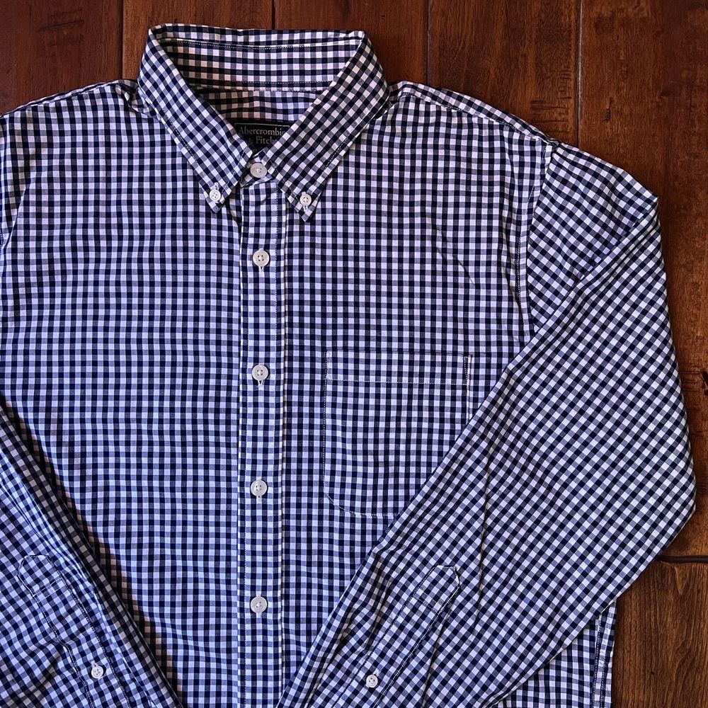 ABERCROMBIE & FITCH Mens Large Navy Checker Long Sleeve Casual Formal Button Up